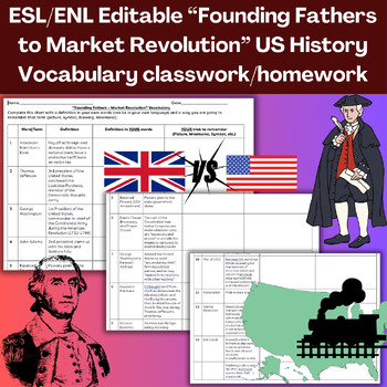 Preview of ESL ENL Founding Fathers-Market Revolution US History Vocab Homework, Sub Plan