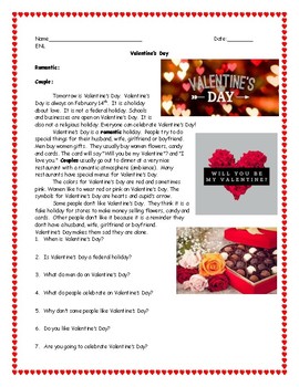 esl enl valentine s day reading comprehension worksheet by enl sheets