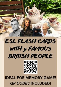 Preview of ESL Flash Cards with 9 Famous British People! Qr Codes Included!