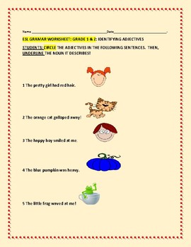 esl grammar worksheet grades 1 2 identifying adjectives tpt