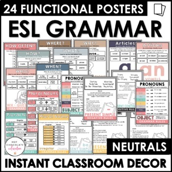 Preview of ESL Grammar Posters: Functional Classroom Decor Visuals - BOHO Neutral