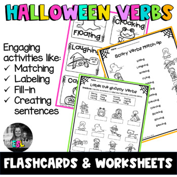 Preview of ESL Halloween Verbs - Flashcards, Task cards & Worksheets
