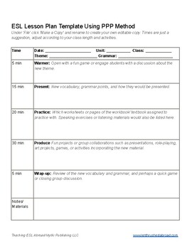 Preview of ESL Lesson Plan Template Using PPP Method