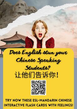 Preview of ESL-Mandarin Chinese picture Flashcards on feelings + emotions! + Qr Code