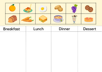 Preview of ESL Meals Cut and Paste Activity, Sorting Foods Cut and Stick for Kids