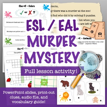 Preview of ESL Murder Mystery Activity - PowerPoint & Print out Clues - Fun English Review