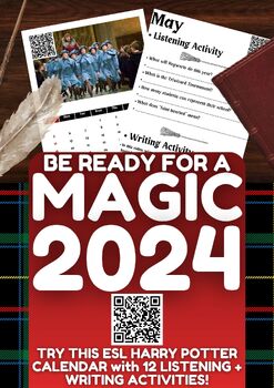 Preview of ESL 2024 Harry Potter Calendar - 12 Listening + Writing Activities Worksheets