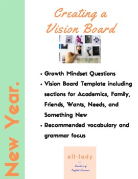 Preview of ESL New Year's High School Vision Board and Growth Mindset Questions High School