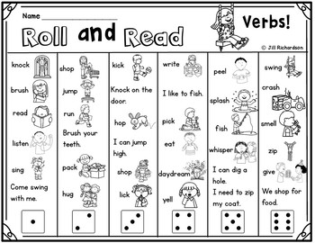 action verbs esl roll and read game by jill richardson tpt