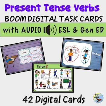 Preview of ESL Newcomers Present Tense Verbs BOOM Digital Task Cards