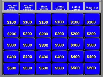 ESL Phonics - jeopardy game - vowels ( long/short - magic e - y) and