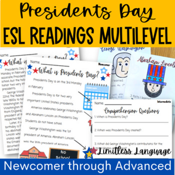 Preview of ESL President's Day Reading Comprehension, Newcomer through Advanced