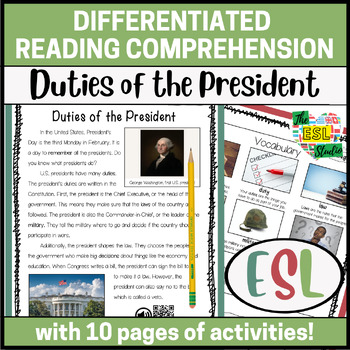 Preview of ESL President's Day Reading Comprehension Passages | Duties of the President