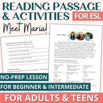 Preview of Beginner Adult ESL Reading Comprehension Passage with Activities - Meet Maria