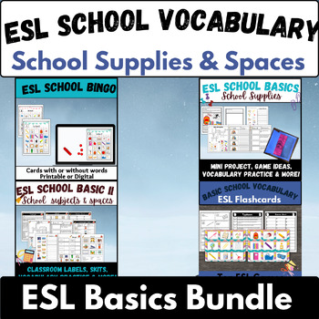 Preview of ESL School supplies vocabulary practice EAL ELL games bingo worksheets bundle