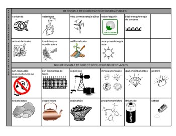 Preview of ESL Science Vocabulary Placemat English Spanish Renewable Non-Renewable Resource