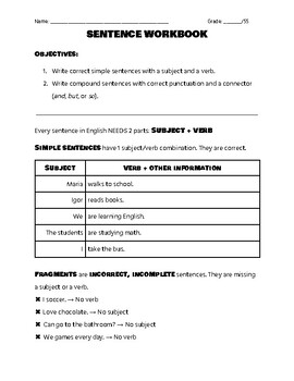 Preview of ESL Sentence Workbook - Simple and Compound Sentences & Fixing Run Ons
