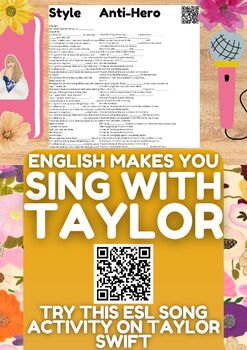Preview of ESL Song Activity Worksheets on Taylor Swift 5 Songs with QR Code