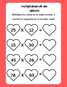 Preview of ESL/Spanish Valentines Day Multiplication Worksheet
