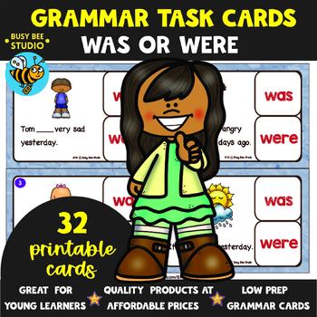 Preview of Subject Verb Agreement (was-were) Task Cards Grammar Activity 1st Grade ESL kids