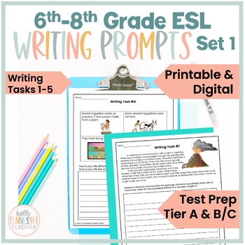 Preview of ESL Test Prep Writing Prompts for Grades 6-8 (Writing Tasks 1-5)