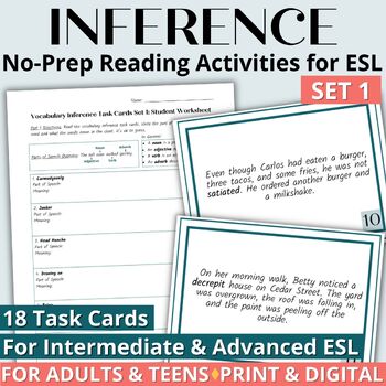 Preview of ESL Reading Comprehension Inferencing Activities, Worksheets & Task Cards Set 1