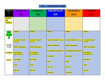 Preview of ESL Weekly Lesson Plan Template