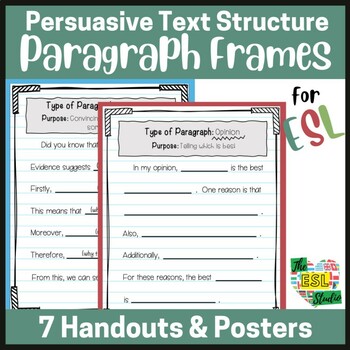 Preview of ESL Writing Persuasive Text Structure Paragraph Frames | Handouts & Posters