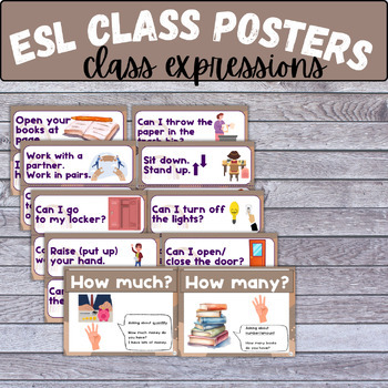 Preview of ESL classroom expressions question word posters class décor boho EAL