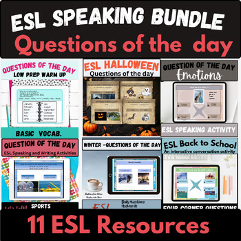 Preview of ESL questions of the day speaking bundle EAL emotions sports hobbies clothes