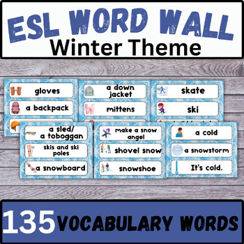 Preview of ESL winter word wall vocabulary flashcards EAL sports clothing holiday themes