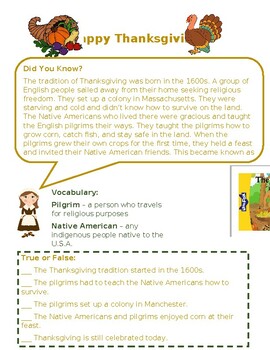 Preview of ESOL Thanksgiving Worksheet