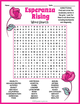 Preview of ESPERANZA RISING Novel Study Word Search Puzzle Worksheet Activity