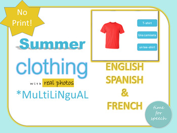 Preview of ESY Summer Clothing Vocabulary with REAL photographs in English Spanish French