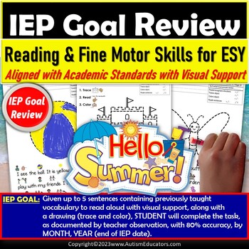 Preview of ESY Summer Reading and Fine Motor Skills IEP Goal Review Packet for Autism 