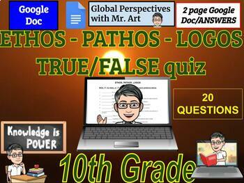 Preview of ETHOS, PATHOS, LOGOS - (2 pages with answers - 20 question True/False quiz)