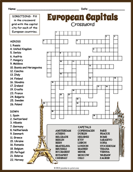 Preview of EUROPEAN CAPITALS Crossword Puzzle Worksheet Activity - Europe Geography