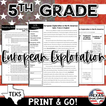 Preview of EUROPEAN EXPLORATION | 5th Grade Social Studies Reading Activities TEKS 5.1A