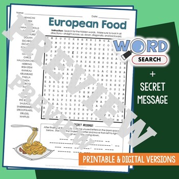 Preview of EUROPEAN FOOD Word Search Puzzle Activity Vocabulary Worksheet Secret Message