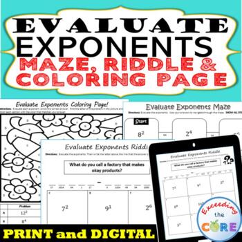 Preview of EVALUATE EXPONENTS Maze, Riddle, Coloring Page | Print and Digital