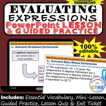 Preview of EVALUATE ALGEBRAIC EXPRESSIONS PowerPoint Lesson & Practice | Distance Learning