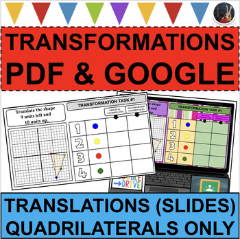 Preview of TRANSFORMATIONS Translations (Slides) Quadrilaterals Task Cards PDF & GOOGLE