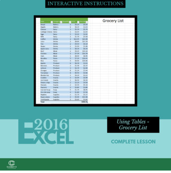 Preview of EXCEL 2016 - Using Tables - Grocery List
