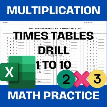 Preview of EXCEL SHEET Customizable Multiplication Practice 1 to 10 Times Table MATH DRILL