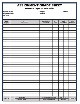 Preview of EXCEL grade sheet for Resource or Special Education