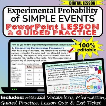 Preview of EXPERIMENTAL PROBABILITY OF SIMPLE EVENTS PowerPoint Lesson, Practice | Digital