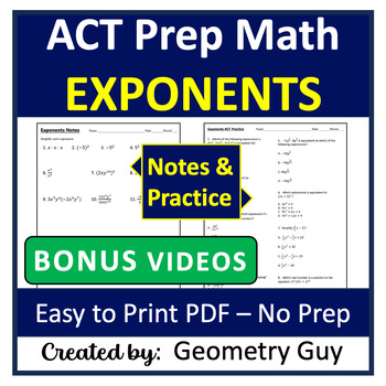 Preview of EXPONENT RULES Guided Notes & ACT Practice Worksheet ACT Math Prep with Videos