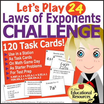 Preview of Laws of Exponents - 'Let's Play 24' - 120 Tasks - For Math Centers & Test Prep