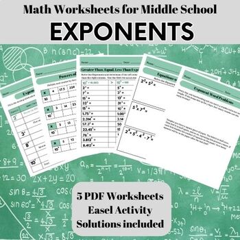 Preview of EXPONENTS - Middle School Math Worksheets for Assessments, Homework, Quizzes