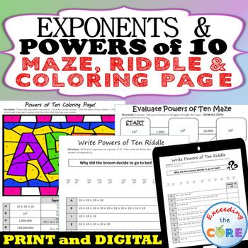 Preview of EXPONENTS and POWERS of 10 Maze, Riddle, Coloring Page | PRINT & DIGITAL
